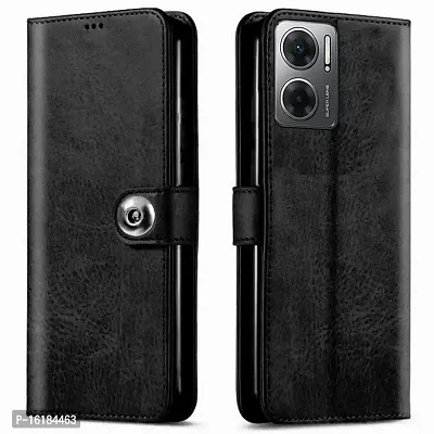 Mobcure Genuine Leather Finish Flip Back Cover Case | Inbuilt Pockets  Stand | Wallet Style | Designer Tich Button Magnet Case for Redmi 11 Prime 5G - Z Black