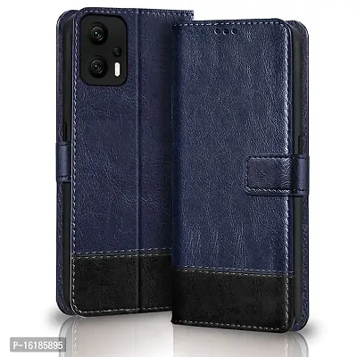 Mobcure Double Shade Flip Cover PU Leather Flip Case with Card Holder and Magnetic Stand for Redmi K50i 5G (Blue with Black)