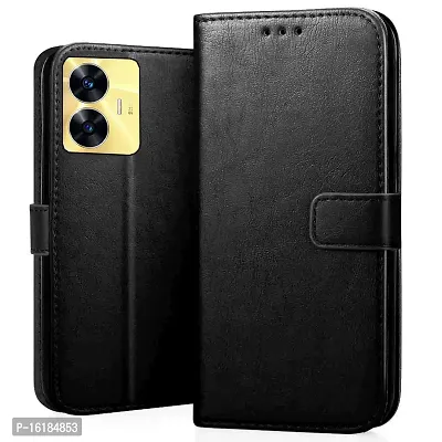 Mobcure Genuine Leather Finish Flip Cover Back Case For Realme C55 Inbuilt Stand Inside Pockets Wallet Style Magnet Closure Black