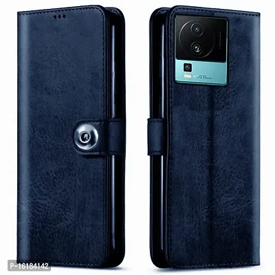 Mobcure Genuine Leather Finish Flip Back Cover Case | Inbuilt Pockets  Stand | Wallet Style | Designer Tich Button Magnet Case for IQOO Neo 7 5G - Navy Blue-thumb0