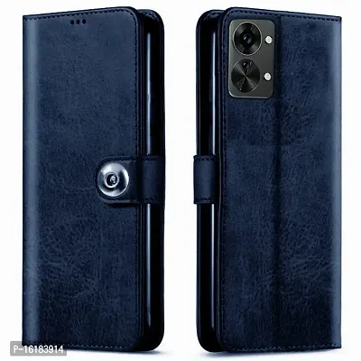Mobcure Genuine Leather Finish Flip Back Cover Case | Inbuilt Pockets  Stand | Wallet Style | Designer Tich Button Magnet Case for Oneplus Nord 2T 5G - Navy Blue-thumb0