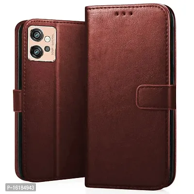 Mobcure Genuine Leather Finish Flip Cover Back Case for Motorola Moto G32|Inbuilt Stand  Inside Pockets| Wallet Style | Magnet Closure - Brown