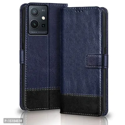Mobcure Double Shade Flip Cover PU Leather Flip Case with Card Holder and Magnetic Stand for Vivo Y75 5G (Blue with Black)-thumb0