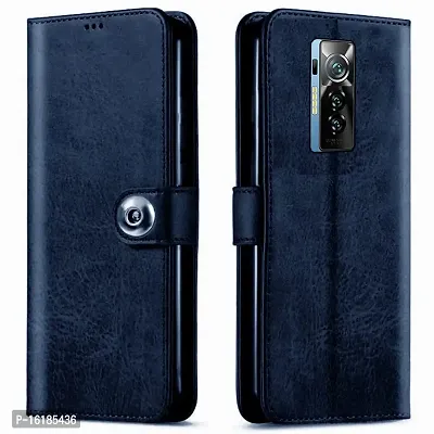 Mobcure Genuine Leather Finish Flip Back Cover Case | Inbuilt Pockets  Stand | Wallet Style | Designer Tich Button Magnet Case for Tecno Phantom X - Navy Blue