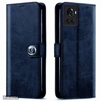 Mobcure Genuine Leather Finish Flip Back Cover Case | Inbuilt Pockets  Stand | Wallet Style | Designer Tich Button Magnet Case for Oneplus 10R - Navy Blue