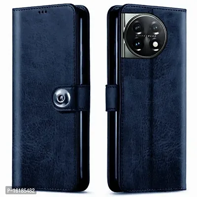 Mobcure Genuine Leather Finish Flip Back Cover Case | Inbuilt Pockets  Stand | Wallet Style | Designer Tich Button Magnet Case for Oneplus 11R 5G - Navy Blue
