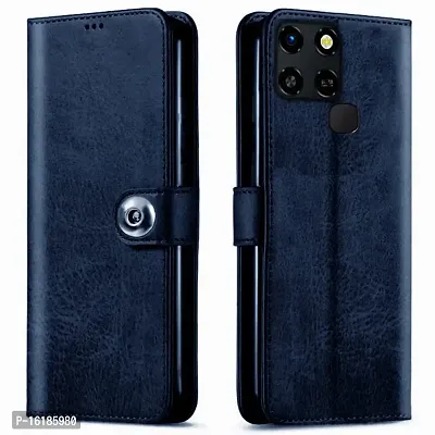 Mobcure Genuine Leather Finish Flip Back Cover Case | Inbuilt Pockets  Stand | Wallet Style | Designer Tich Button Magnet Case for Infinix Smart 6 - Navy Blue