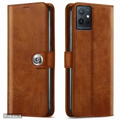 Mobcure Genuine Leather Finish Flip Back Cover Case | Inbuilt Pockets  Stand | Wallet Style | Designer Tich Button Magnet Case for Vivo Y75 5G -Tan Color
