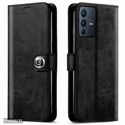 Mobcure Genuine Leather Finish Flip Back Cover Case | Inbuilt Pockets  Stand | Wallet Style | Designer Tich Button Magnet Case for Vivo V23 Pro 5G - Z Black-thumb0
