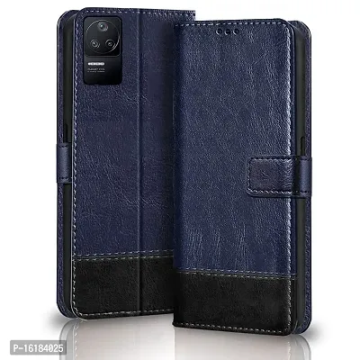 Mobcure Double Shade Flip Cover PU Leather Flip Case with Card Holder and Magnetic Stand for Mi Poco F4 5G (Blue with Black)-thumb0