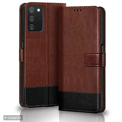 Mobcure Double Shade Flip Cover PU Leather Flip Case with Card Holder and Magnetic Stand for Samsung Galaxy M02s (Brown with Black)