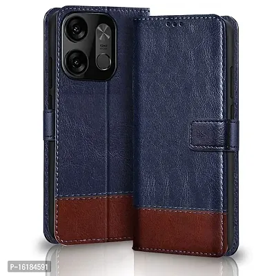 Mobcure Double Shade Flip Cover Pu Leather Flip Case With Card Holder And Magnetic Stand For Tecno Spark Go 2023 Blue With Brown-thumb0
