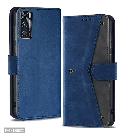 Mobcure Splicing PU Leather Case for Vivo V20 SE|Retro Full Protection Premium Flip Cover Wallet Case with Magnetic Closure Kickstand Card Slots (Blue with Gray)-thumb0