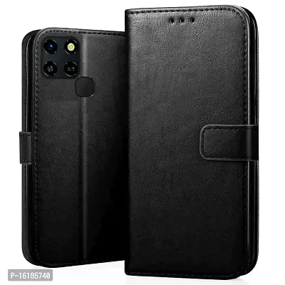Mobcure Genuine Leather Finish Flip Cover Back Case for Infinix Smart 6|Inbuilt Stand  Inside Pockets| Wallet Style | Magnet Closure - Black