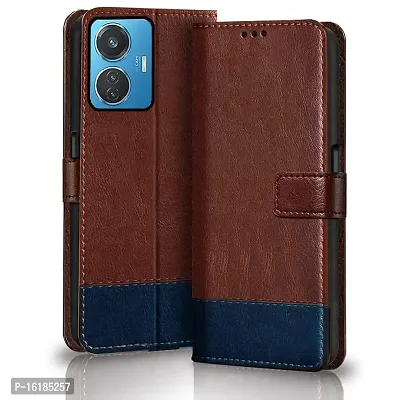 Mobcure Double Shade Flip Cover PU Leather Flip Case with Card Holder and Magnetic Stand for IQOO Z6 Lite (Brown with Blue)-thumb0