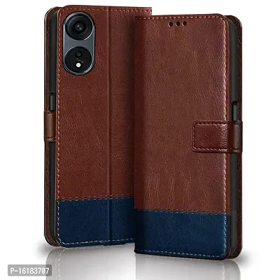 Mobcure Double Shade Flip Cover PU Leather Flip Case with Card Holder and Magnetic Stand for Oppo A58 5G (Brown with Blue)