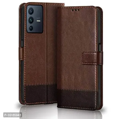 Mobcure Double Shade Flip Cover PU Leather Flip Case with Card Holder and Magnetic Stand for Vivo V23 Pro 5G (Brown with Coffee)-thumb0