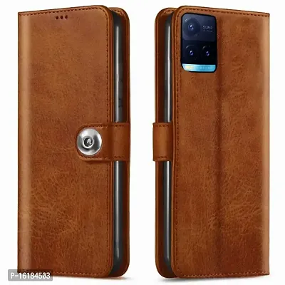 Mobcure Genuine Leather Finish Flip Back Cover Case | Inbuilt Pockets  Stand | Wallet Style | Designer Tich Button Magnet Case for Vivo Y21G -Tan Color