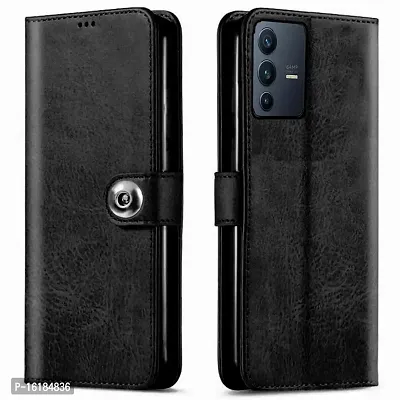 Mobcure Genuine Leather Finish Flip Back Cover Case | Inbuilt Pockets  Stand | Wallet Style | Designer Tich Button Magnet Case for Vivo V23 5G - Z Black