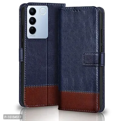 Mobcure Double Shade Flip Cover PU Leather Flip Case with Card Holder and Magnetic Stand for Vivo V27 5G (Blue with Brown)-thumb0