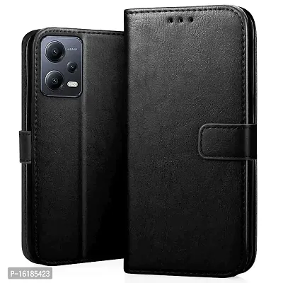 Mobcure Genuine Leather Finish Flip Cover Back Case for Redmi Note 12 Pro 5G|Inbuilt Stand  Inside Pockets| Wallet Style | Magnet Closure - Black-thumb0