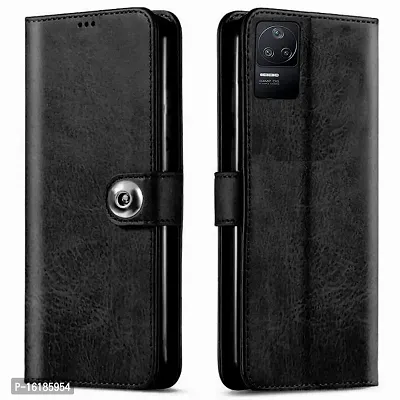 Mobcure Genuine Leather Finish Flip Back Cover Case | Inbuilt Pockets  Stand | Wallet Style | Designer Tich Button Magnet Case for Mi Poco F4 5G - Z Black