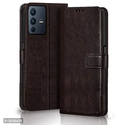 Mobcure Genuine Leather Finish Flip Cover Back Case for Vivo V23 Pro 5G|Inbuilt Stand  Inside Pockets| Wallet Style | Magnet Closure - Coffee