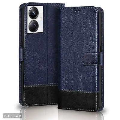 Mobcure Double Shade Flip Cover PU Leather Flip Case with Card Holder and Magnetic Stand for Realme 10 Pro Plus 5G (Blue with Black)