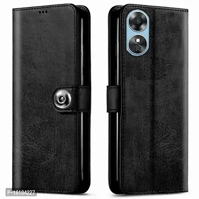 Mobcure Genuine Leather Finish Flip Back Cover Case | Inbuilt Pockets  Stand | Wallet Style | Designer Tich Button Magnet Case for Oppo A17 - Z Black