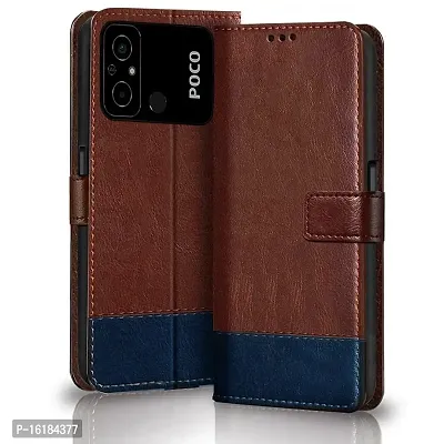 Mobcure Double Shade Flip Cover PU Leather Flip Case with Card Holder and Magnetic Stand for Xiaomi Poco C55 (Brown with Blue)