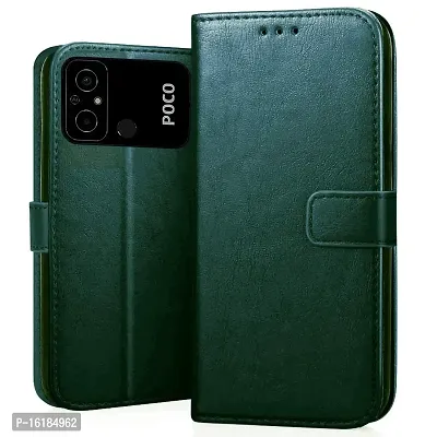 Mobcure Genuine Leather Finish Flip Cover Back Case For Xiaomi Poco C55 Inbuilt Stand Inside Pockets Wallet Style Magnet Closure Green-thumb0