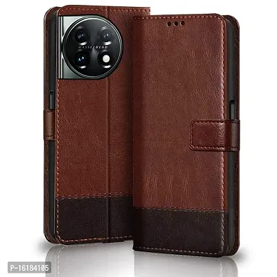 Mobcure Double Shade Flip Cover PU Leather Flip Case with Card Holder and Magnetic Stand for Oneplus 11R 5G (Brown with Coffee)