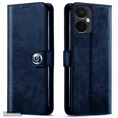 Mobcure Genuine Leather Finish Flip Back Cover Case | Inbuilt Pockets  Stand | Wallet Style | Designer Tich Button Magnet Case for Oneplus Nord CE 3 Lite 5G - Navy Blue-thumb0