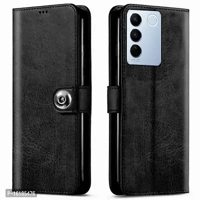 Mobcure Genuine Leather Finish Flip Back Cover Case | Inbuilt Pockets  Stand | Wallet Style | Designer Tich Button Magnet Case for Vivo V27 5G - Z Black