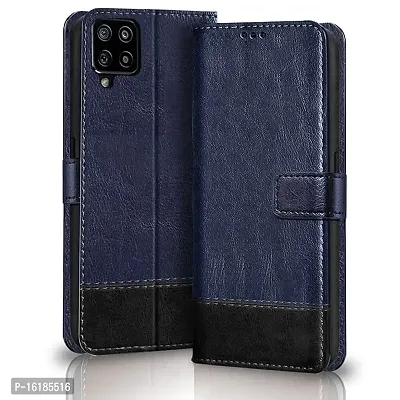 Mobcure Double Shade Flip Cover PU Leather Flip Case with Card Holder and Magnetic Stand for Samsung Galaxy A22 4G (Blue with Black)