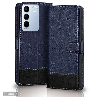 Mobcure Double Shade Flip Cover PU Leather Flip Case with Card Holder and Magnetic Stand for Vivo V27 5G (Blue with Black)