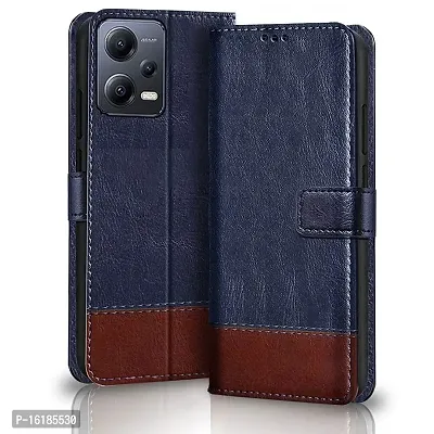 Mobcure Double Shade Flip Cover PU Leather Flip Case with Card Holder and Magnetic Stand for Redmi Note 12 Pro 5G (Blue with Brown)-thumb0