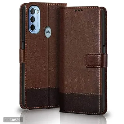 Mobcure Double Shade Flip Cover PU Leather Flip Case with Card Holder and Magnetic Stand for Motorola Moto G71 5G (Brown with Coffee)