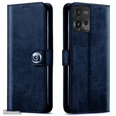 Mobcure Genuine Leather Finish Flip Back Cover Case | Inbuilt Pockets  Stand | Wallet Style | Designer Tich Button Magnet Case for Motorola Moto G72 5G - Navy Blue