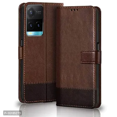 Mobcure Double Shade Flip Cover PU Leather Flip Case with Card Holder and Magnetic Stand for Vivo Y33s (Brown with Coffee)-thumb0