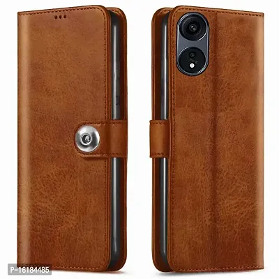 Mobcure Genuine Leather Finish Flip Back Cover Case | Inbuilt Pockets  Stand | Wallet Style | Designer Tich Button Magnet Case for Oppo A58 5G -Tan Color-thumb0