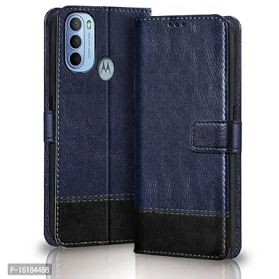 Mobcure Double Shade Flip Cover PU Leather Flip Case with Card Holder and Magnetic Stand for Motorola Moto G71 5G (Blue with Black)