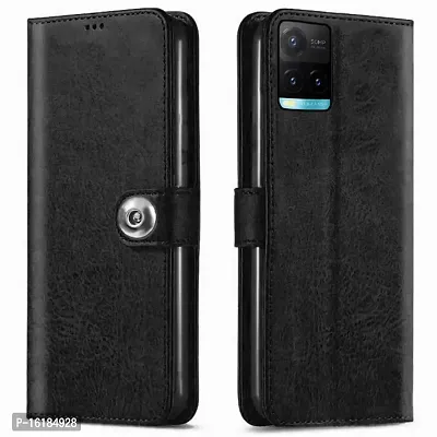 Mobcure Genuine Leather Finish Flip Back Cover Case | Inbuilt Pockets  Stand | Wallet Style | Designer Tich Button Magnet Case for Vivo Y21G - Z Black