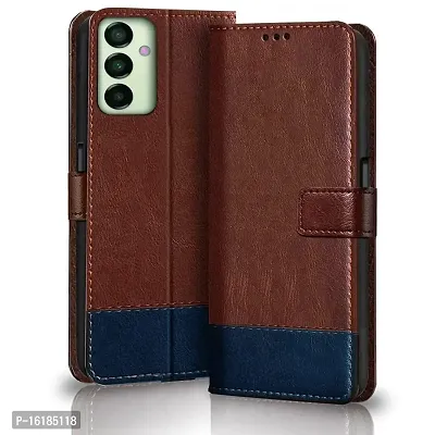 Mobcure Double Shade Flip Cover Pu Leather Flip Case With Card Holder And Magnetic Stand For Samsung Galaxy A14 5G Brown With Blue-thumb0