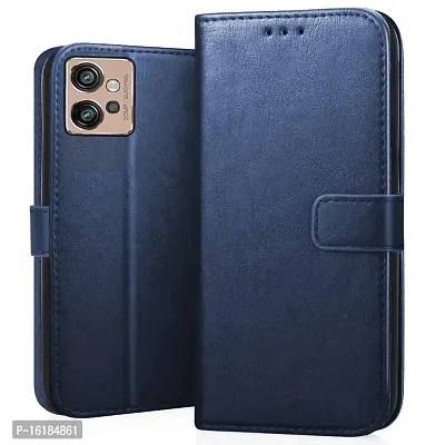 Mobcure Genuine Leather Finish Flip Cover Back Case for Motorola Moto G32|Inbuilt Stand  Inside Pockets| Wallet Style | Magnet Closure - Blue