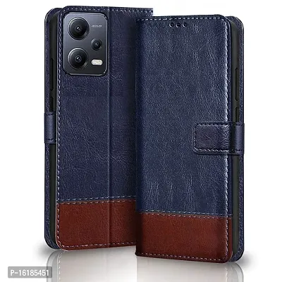 Mobcure Double Shade Flip Cover PU Leather Flip Case with Card Holder and Magnetic Stand for Redmi Note 12 5G (Blue with Brown)