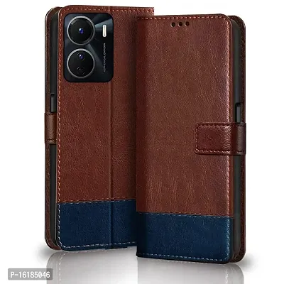 Mobcure Double Shade Flip Cover Pu Leather Flip Case With Card Holder And Magnetic Stand For Vivo Y16 Brown With Blue