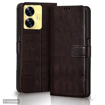 Mobcure Leather Magnetic Vintage Flip Wallet Case Cover For Realme C55 Coffee-thumb0