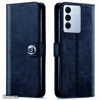 Mobcure Genuine Leather Finish Flip Back Cover Case | Inbuilt Pockets  Stand | Wallet Style | Designer Tich Button Magnet Case for Vivo V27 5G - Navy Blue-thumb0