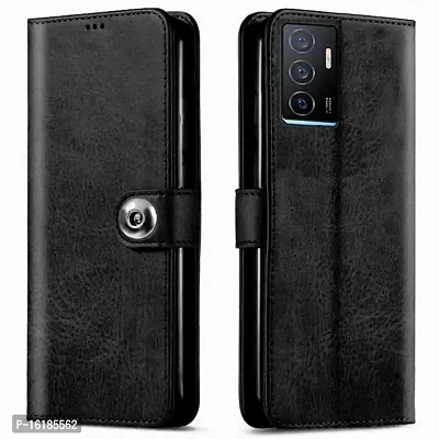 Mobcure Genuine Leather Finish Flip Back Cover Case | Inbuilt Pockets  Stand | Wallet Style | Designer Tich Button Magnet Case for Vivo Y75 4G - Z Black